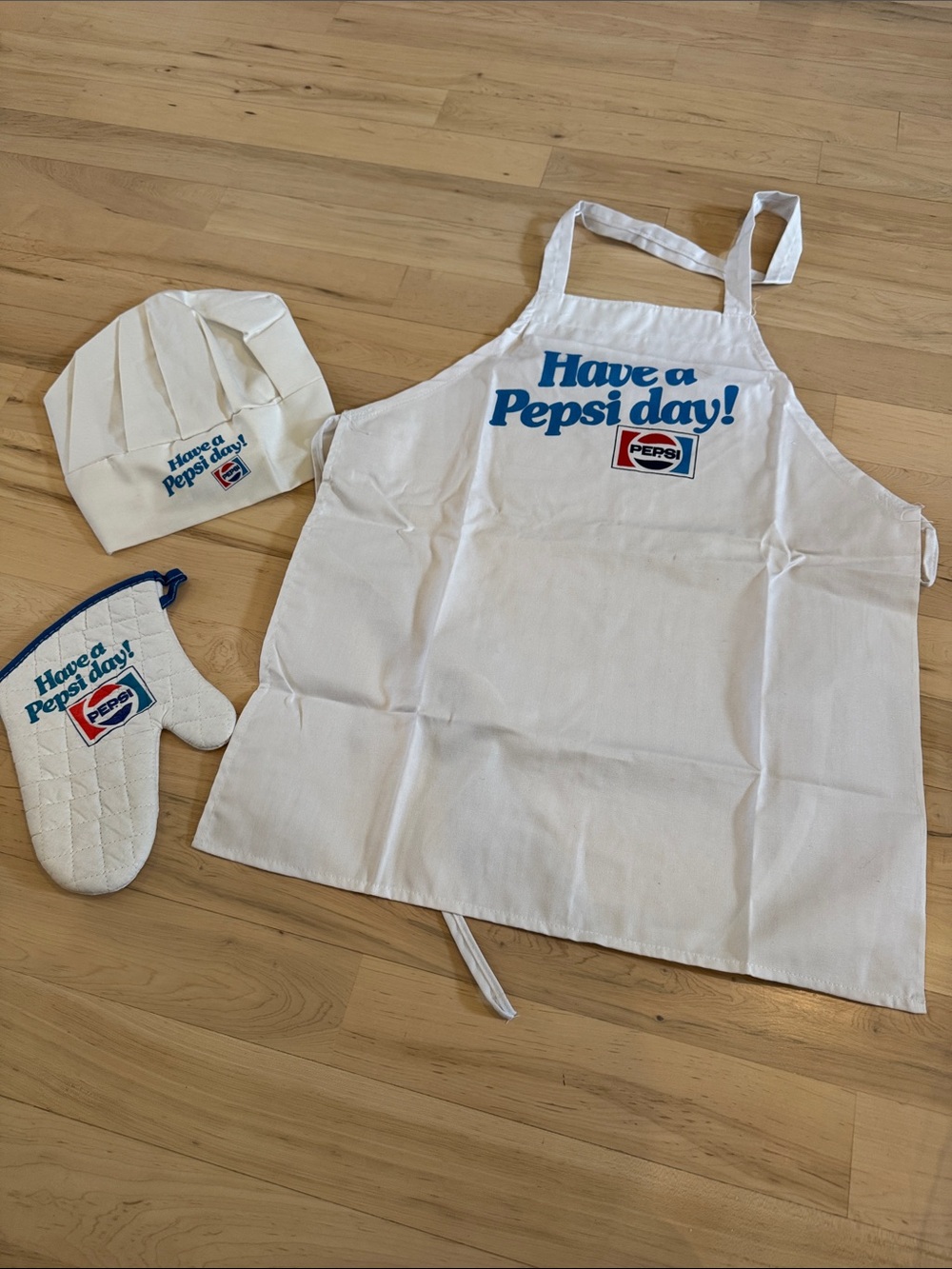 Vintage-NOS-Have A Pepsi Day! Chef Set-Apron-Hat-Oven Mitt-80s-Read
